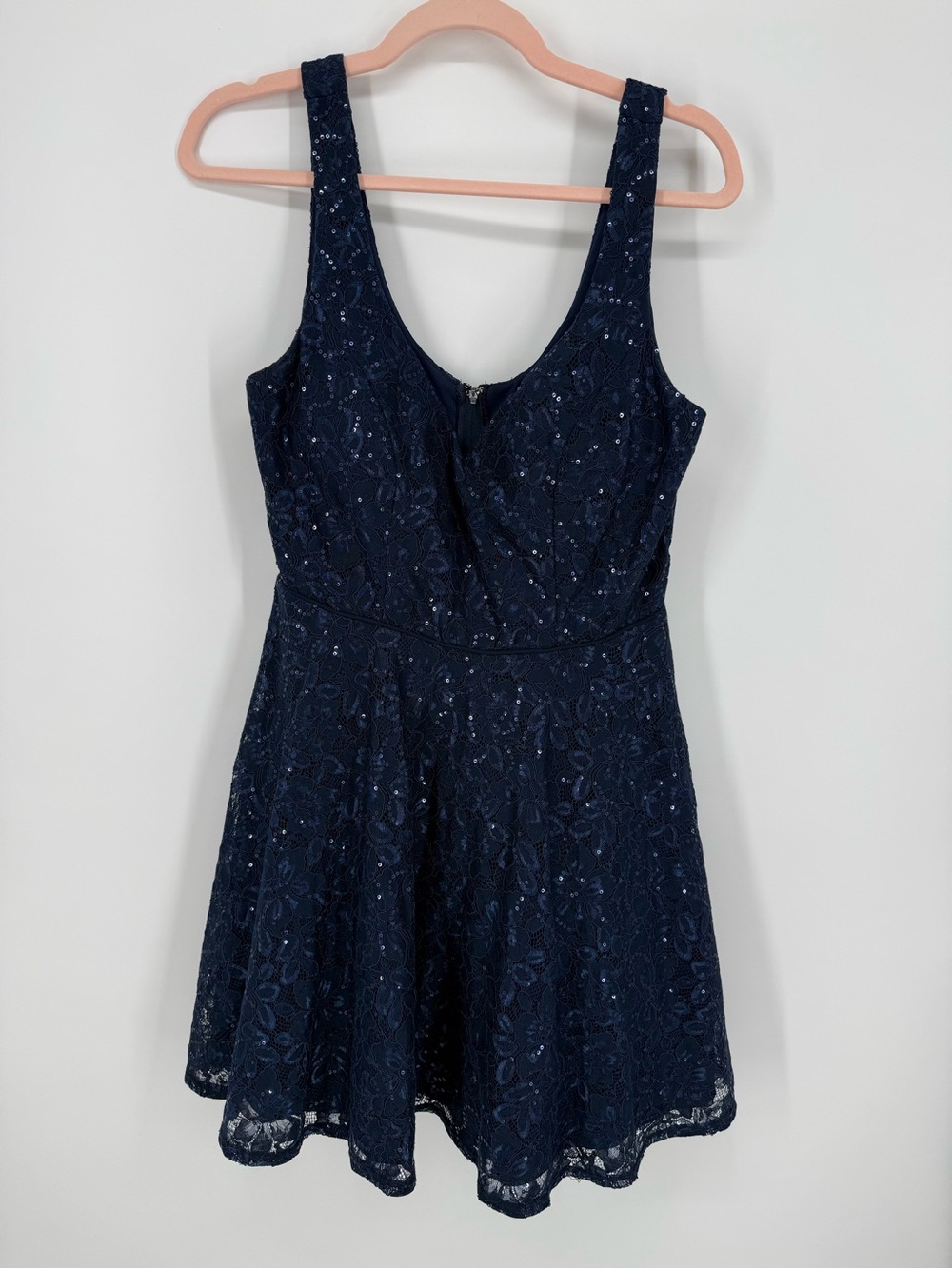 Women's Navy Blue Sequin Lace V Neck Cocktail Mini Dress Junior Sz 11 Wedding - Picture 1 of 9